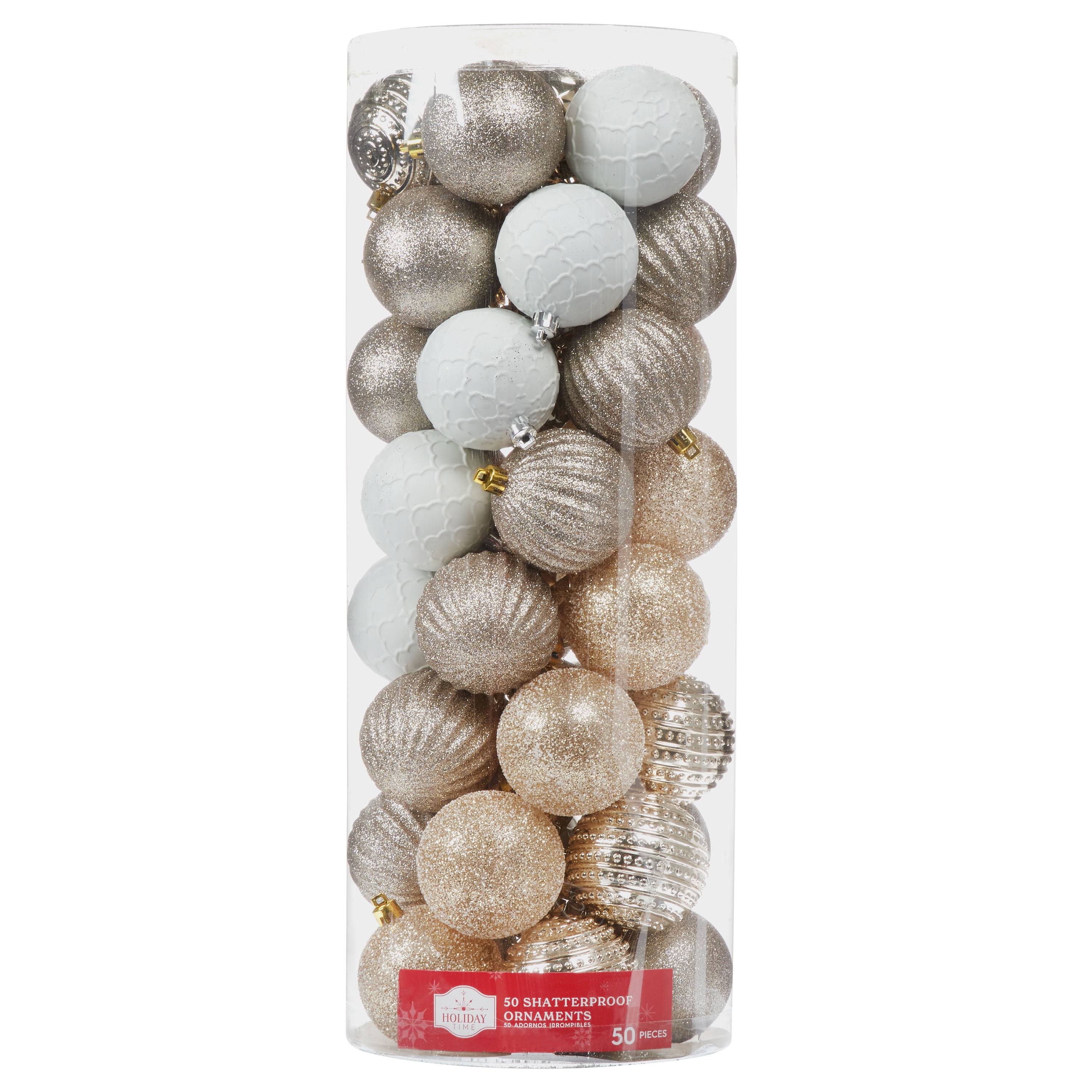 Holiday Time Champagne Gold Shatterproof Ball Christmas Ornaments, 50 Count