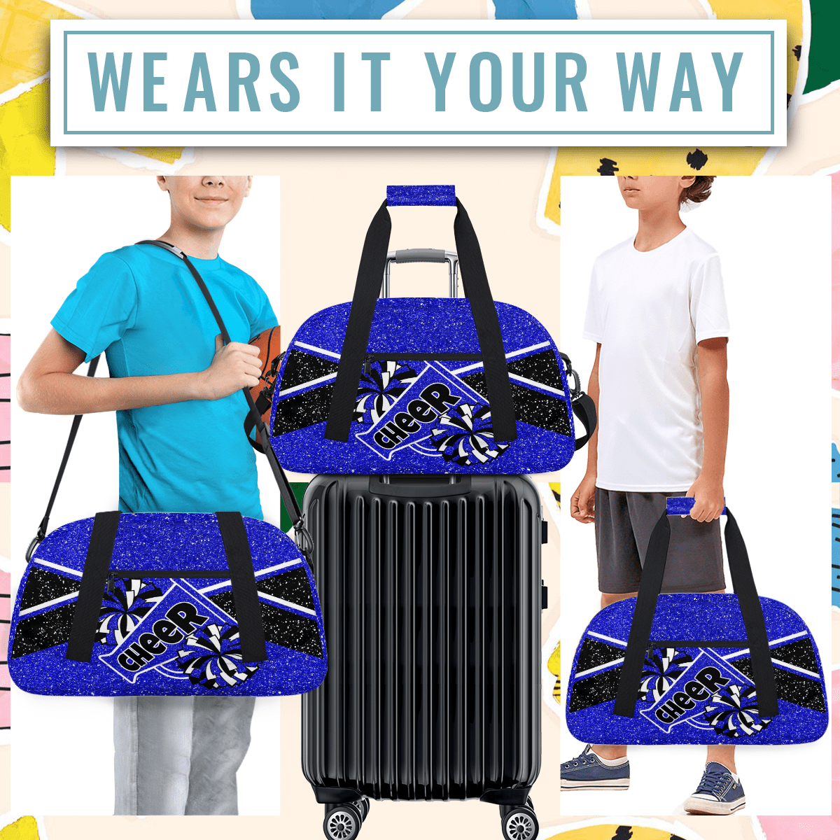 Herdesigns Cheer Bag Sports Duffle Bags Cheerleader Blue Gym Bag Weekender Travel Bag Waterproof Overnight Bag Carry On Travel Tote Bag Dance Bags