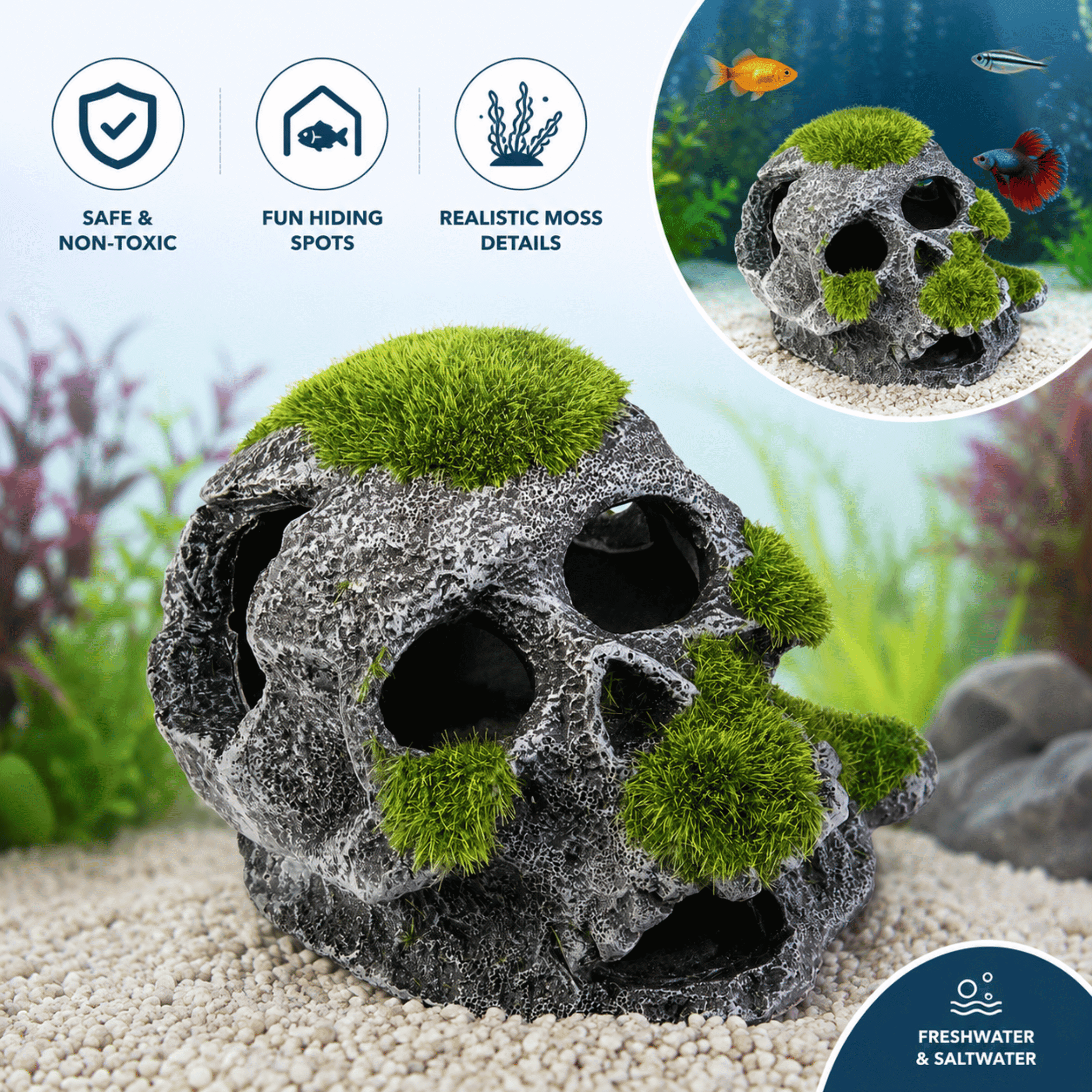 Vibrant Life Mossy Skull Polyresin Aquarium Decor, 5" Long