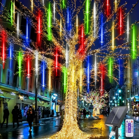 Solar Meteor Shower Icicle Lights - 20" 8 Tubes 288 LED Multicolor Raindrop Lights with Remote Timer - Holiday Party Christmas Decor (Multicolor)