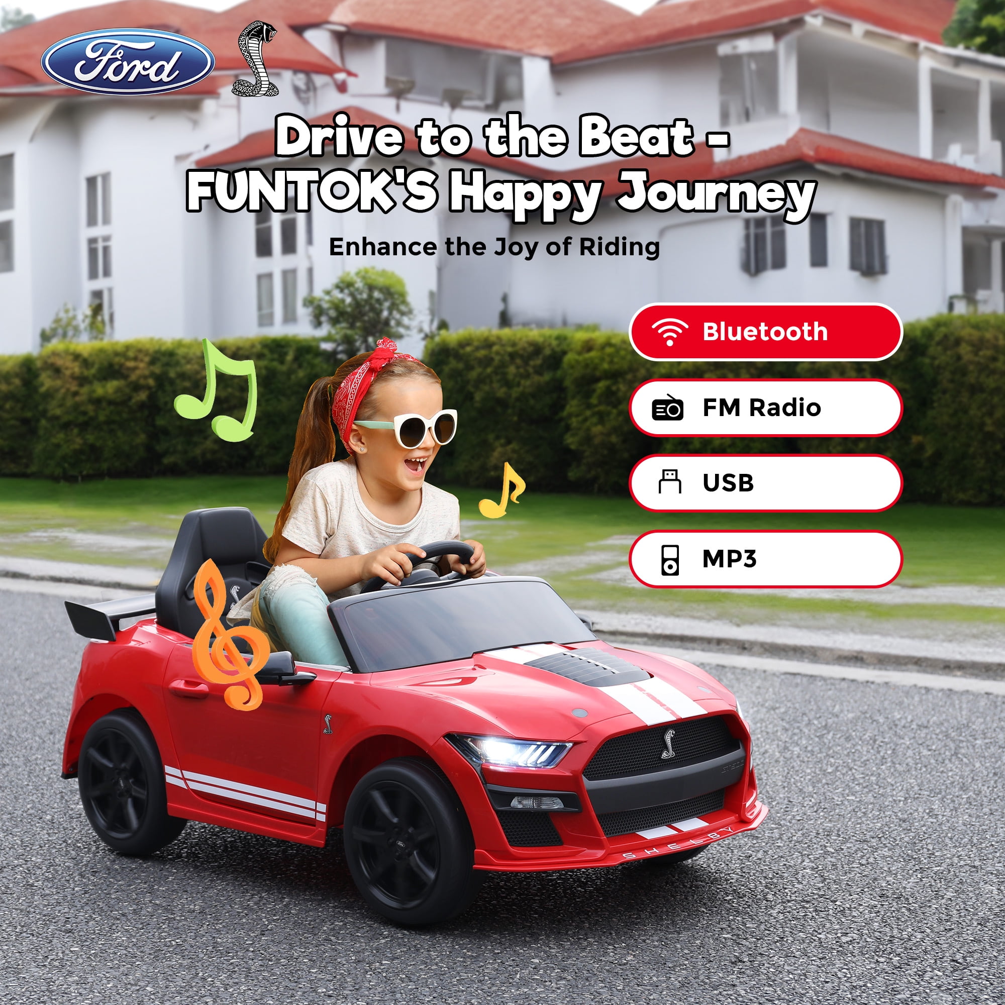 FUNTOK Licensed Ford Mustang GT500 12V 7AH Kids Electric Ride on Car Toy,16" Seater Battery Powered Car Truck with Remote Control,Bluetooth,3 Speeds,LED Headlight,Music Player & Spring Suspension