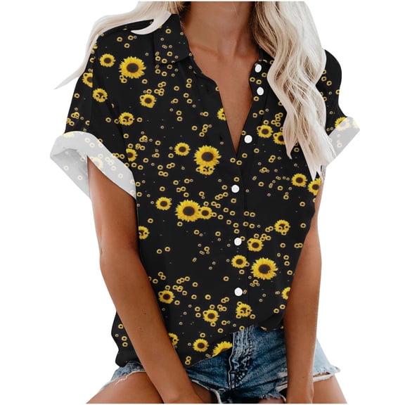 Wycnly Womens Tops Dressy Casual Short Sleeve V-Neck Sunflower Print Summer Shirts Lightweight Plus Size Lapel Button Cardigan Blouses Yellow S Clearance Clothes