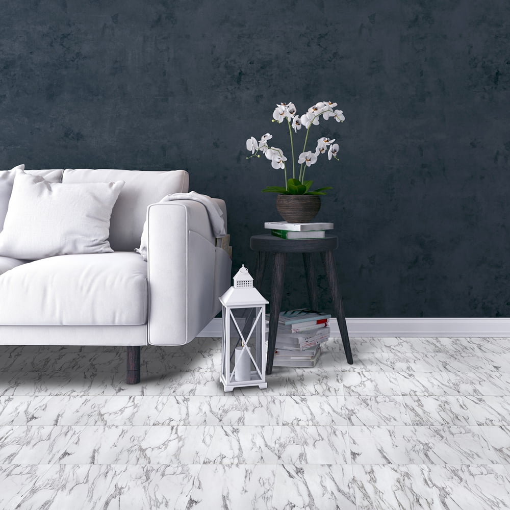 PowerSellerUSA Tivoli Self Adhesive Vinyl Floor Tiles, 45 Pcs Contemporary Peel and Stick Tile, 12" x 12" Square DIY Flooring Tiles for Kitchen, Bedroom, Bathroom - Bianco Marble