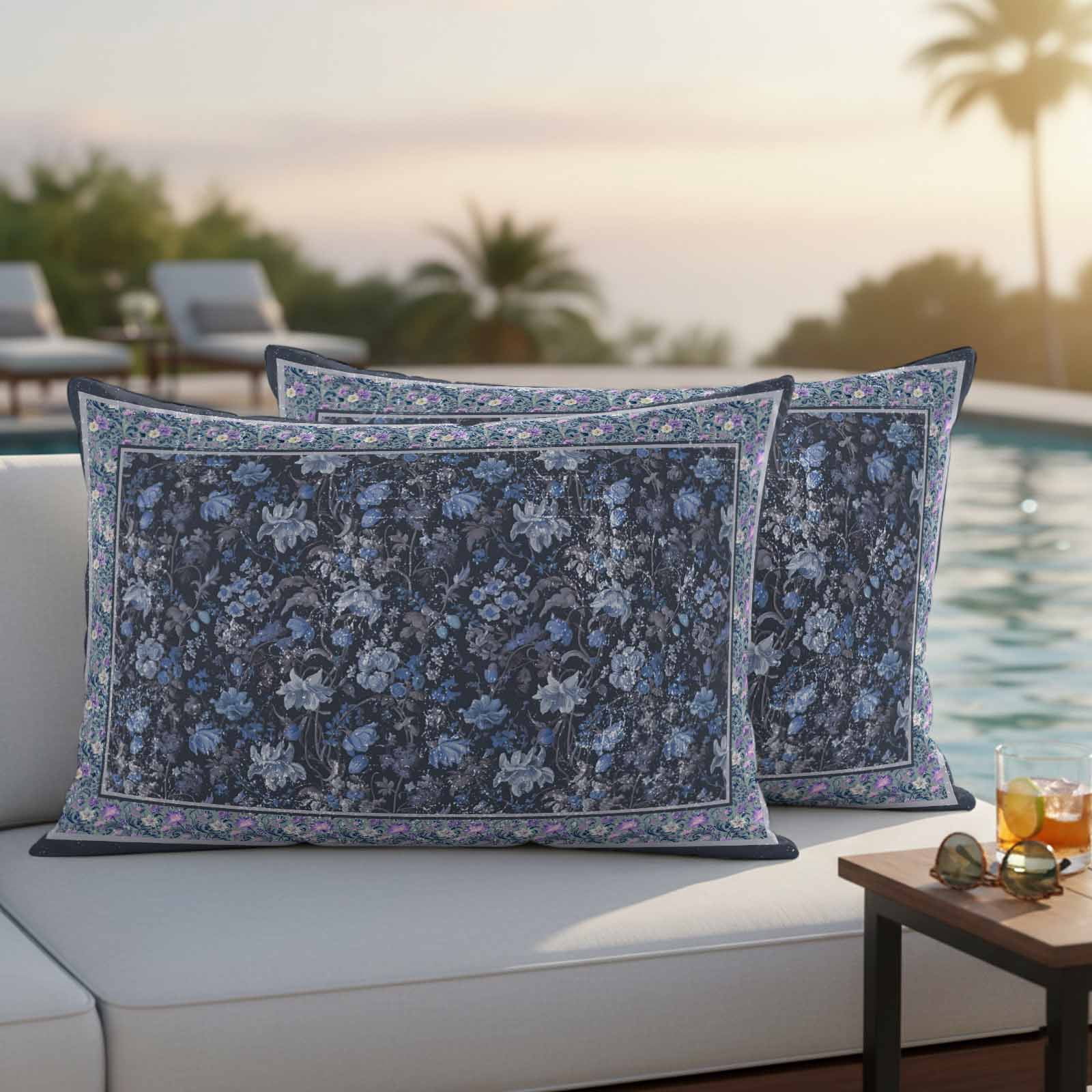 Navy Blue Floral Boho Waterproof Outdoor Throw Pillow Covers 20"x12" Pack 2, Pillow Cases Throw Cushion Cover with Zipper, Ethnic Tribe Abstract Art Flower Washable Pillowcase for Poolside Sofa