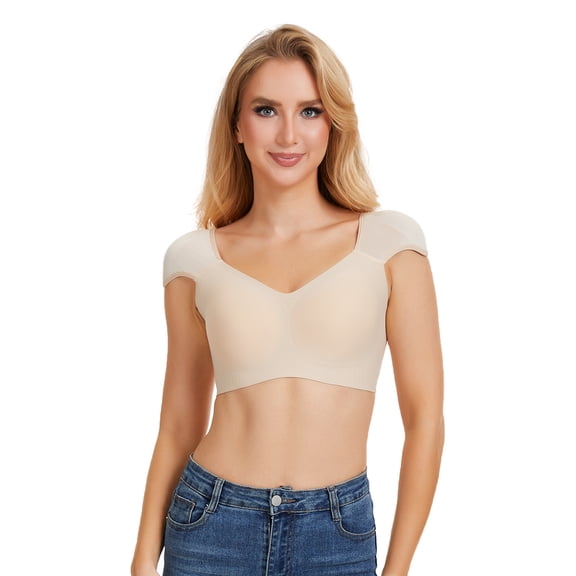 BIMEI Women’s Seamless Shoulder Pad Bra,Built-in Shoulder Pad,Wireless Comfort Crop Top, Invisible Under Clothes,Beige,M
