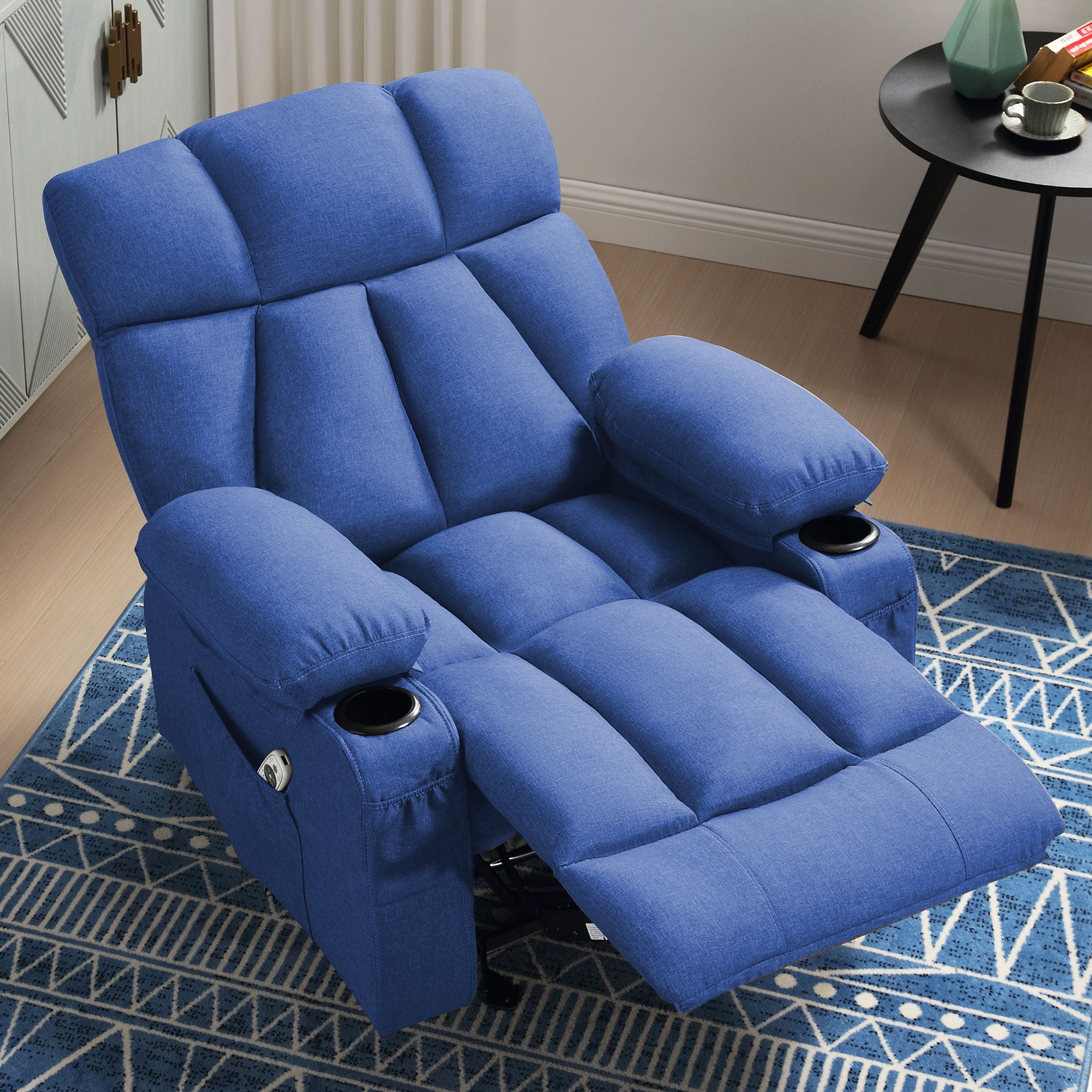 JONPONY Manual Recliner Chair with Heat Therapy and Massage Function, Heavy Duty Reclining Mechanism Massage Chair, Elderly Single Rocker Sofa with Cup Holders for Bedroom Home Theater,Blue