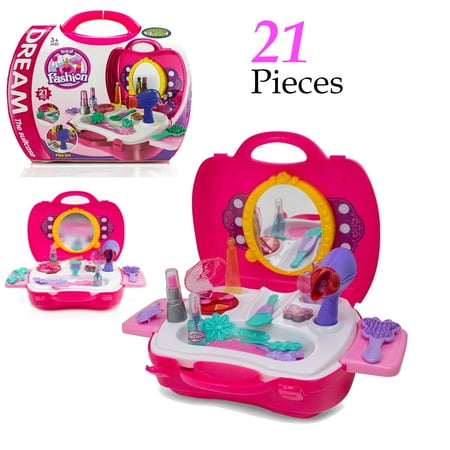 Vanitys For Little Girls Pretend Play Makeup Kids Vanity Case Fashion Beauty Salon Set with Hair Dryer Mirror Scissors Hair Brush for Little Girls Toddler 21 Pcs ()