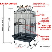 Extra Large Deluxe and Durable Wrought Iron Open Play Top Stand Perch Rolling Parrot Bird Cage 28x22x62H for Macaw Cockatoo Cockatiels African Grey Amazon Parrots Green Cheek Conures Caique