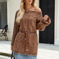 thumbnail image 2 of Trendy Long Sweaters for Women with Belt Hollow Out Baggy Knitted Off Shoulder Pullover Going Out Tunic Tops (L, Brown), 2 of 7