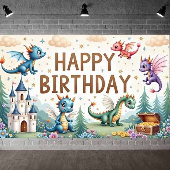 Colorful Dragon  Banner Castle Design Dragon Party Display Star Pattern Cartoon Style Birthday Backdrop for Kids Birthday Party Dragon Themed Celebration Indoor Decoration