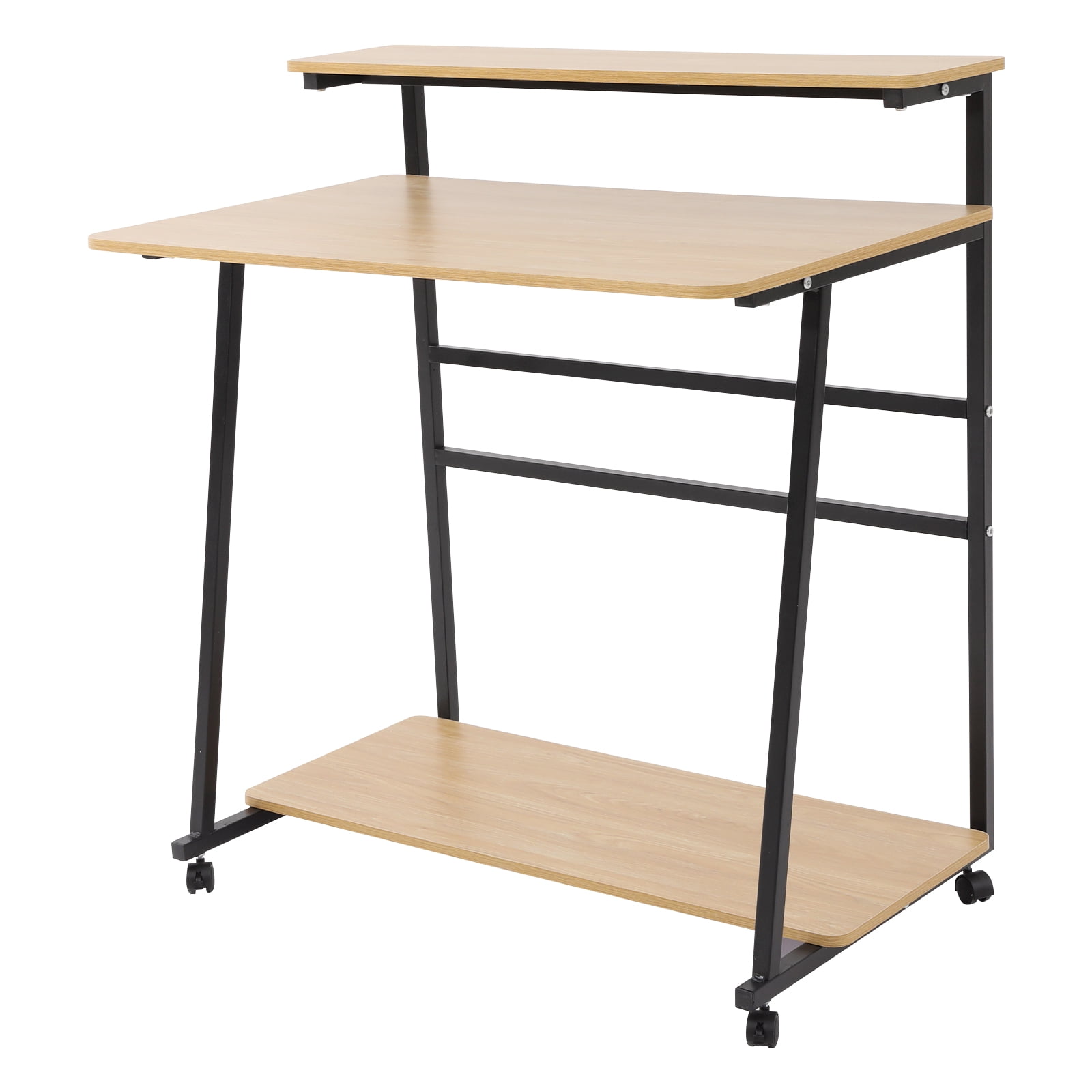 Free Standing Home Office Desk, Rolling 3-Tier Computer Desk (Black+Log Color)