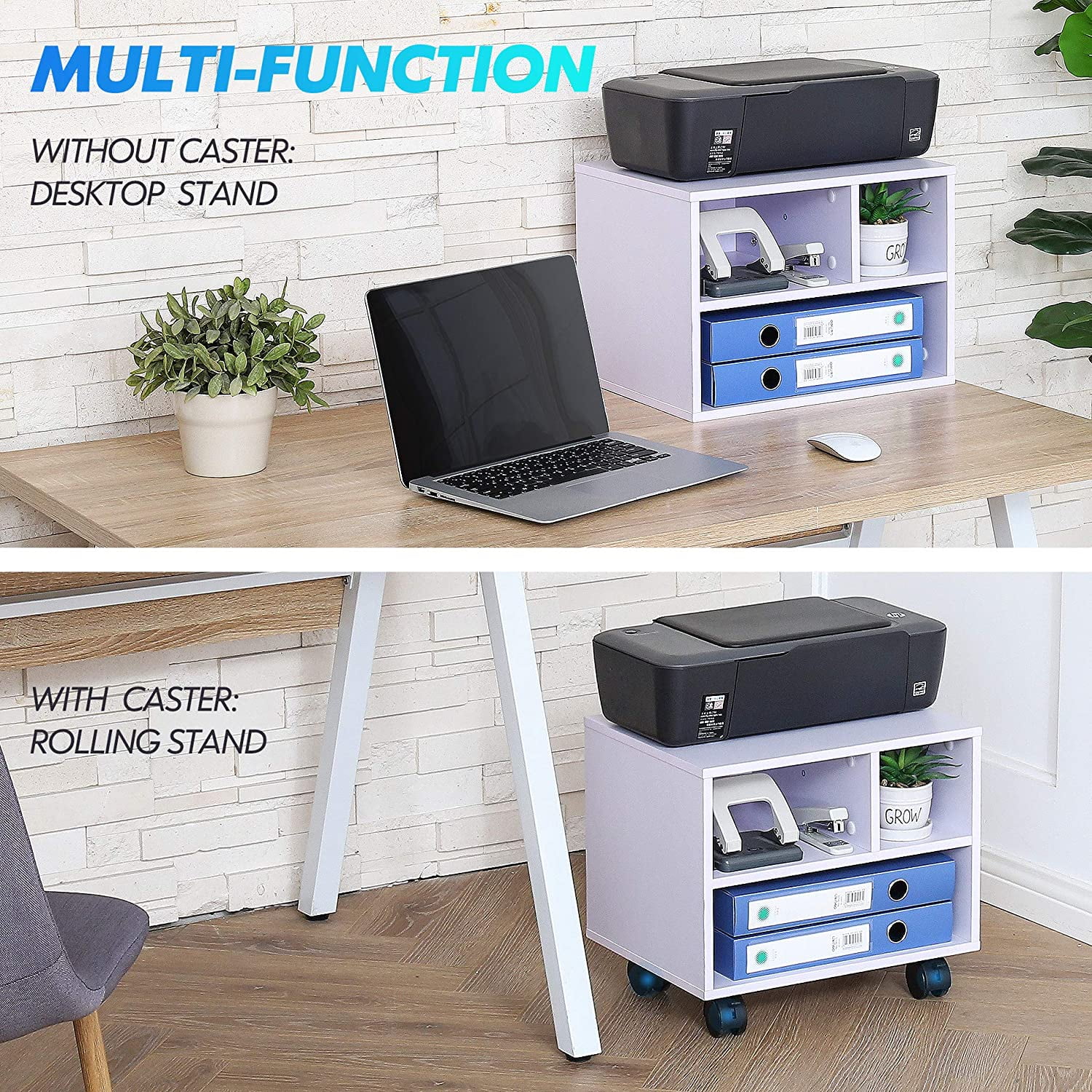 FITUEYES Printer Stand Wood White Desk Side Mobile 3 Storage with Wheels 40x30x35cm PS304005WW 