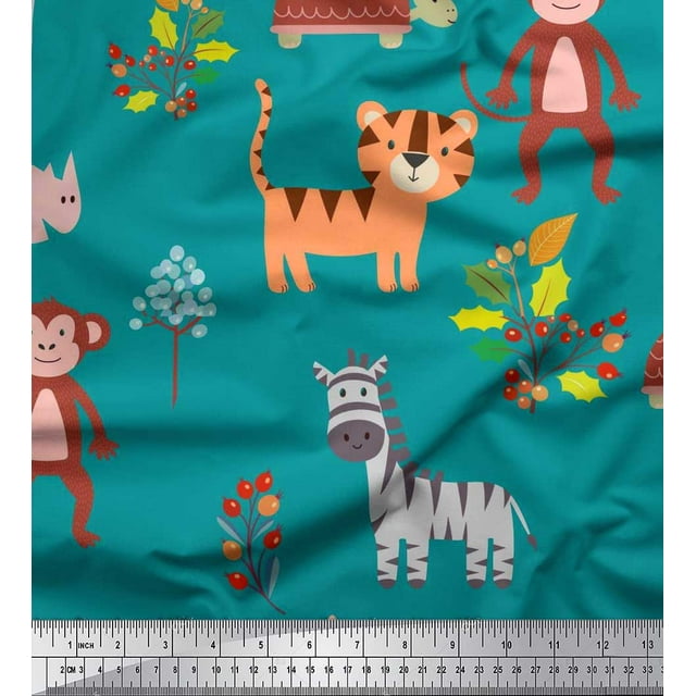 Soimoi Polyester Crepe Fabric Berries & Animals Cartoon Printed Fabric 1 Yard 42 Inch Wide