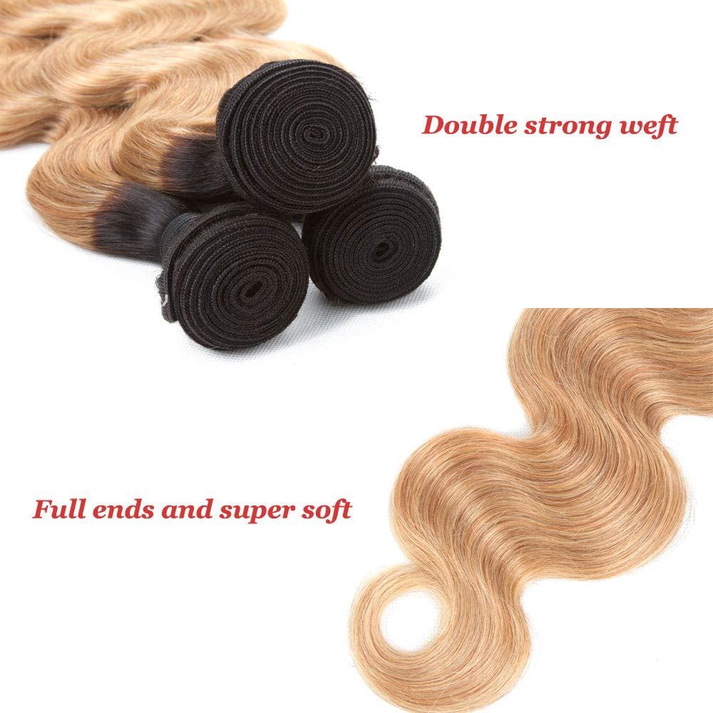 Ustar 100% Human Hair Ombre 1B/27 Body Wave 3 Bundles with 4 by 4 Lace Closure Stretched Length/inch: 22"24"26"+ Closure22"