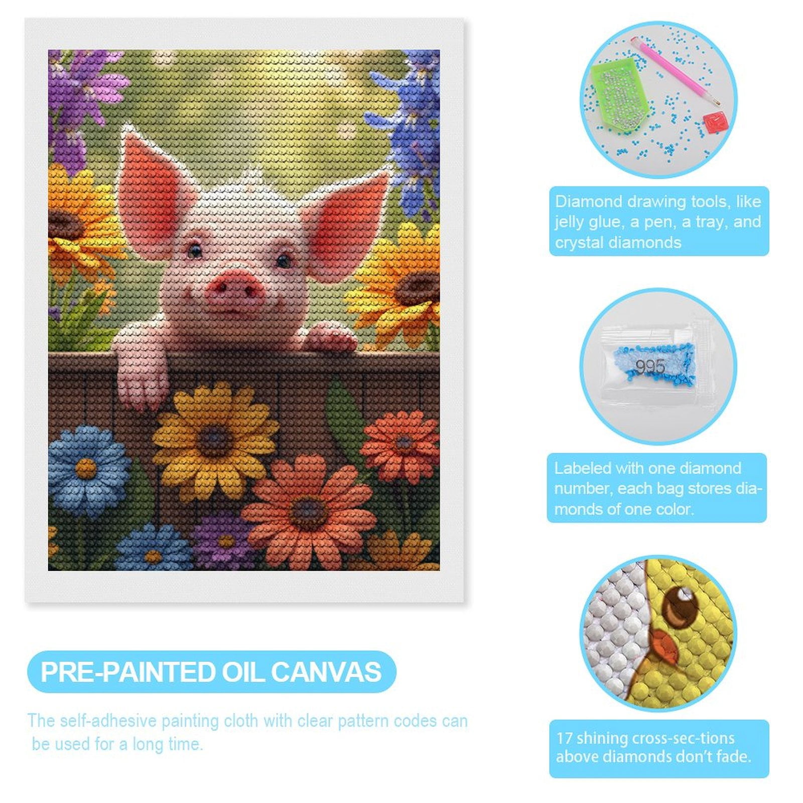 Diamond Art Kits for Adults, Cute Piglet Among Colorful Flowers 5D Diamond Painting Kits for Adults Beginners, DIY Full Drill Diamond Painting, Gem Art and Crafts 12x16