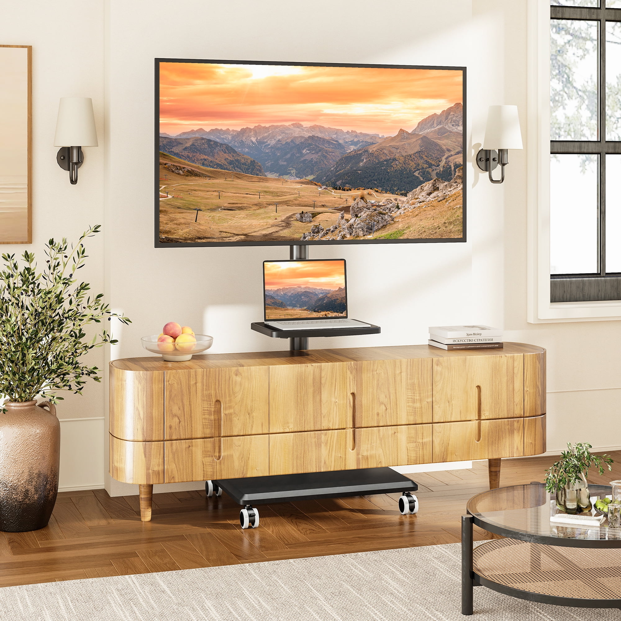 TAVR Furniture Rolling TV Cart Stand with Mount for 32-65 inch Screens, Corner Swivel TV Mount Stand with Rack Shelf