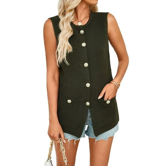 Women's Sleeveless Cardigan Button Front Summer Knit Vest Green XL