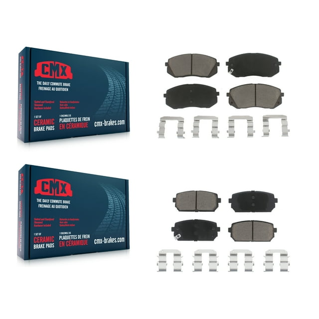 CMX Front Rear Ceramic Brake Pads Kit for Car 2007-2012 Kia Rondo KCX-100332. Includes front and rear ceramic brake pad sets with hardware, featuring CeramiX™ high-density ceramic compound for optimal braking performance, rubberized stainless steel shims for noise reduction, and anti-rust black paint for durability. Ideal for automotive replacement parts and compatible with 2007-2012 Kia Rondo.