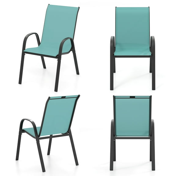 Gymax Set of 4 Patio Dining Chairs Stackable Armrest Space Saving Garden Blue