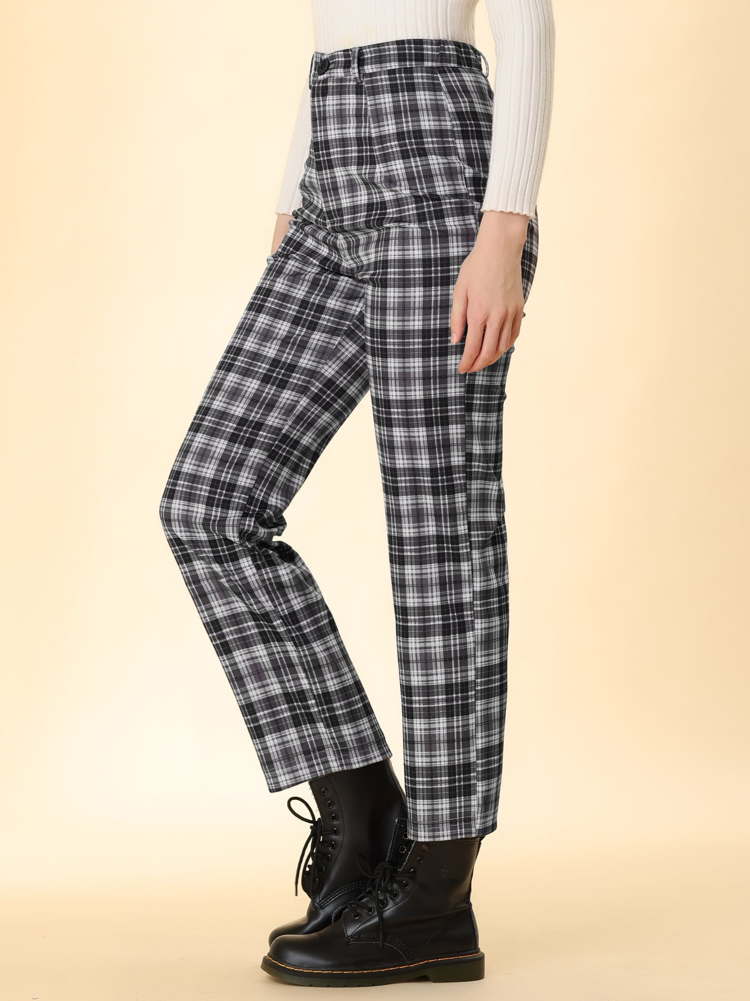 DARING DIVA Women's Plaid Trousers Button Tartan Check Work Pants 2XL Black