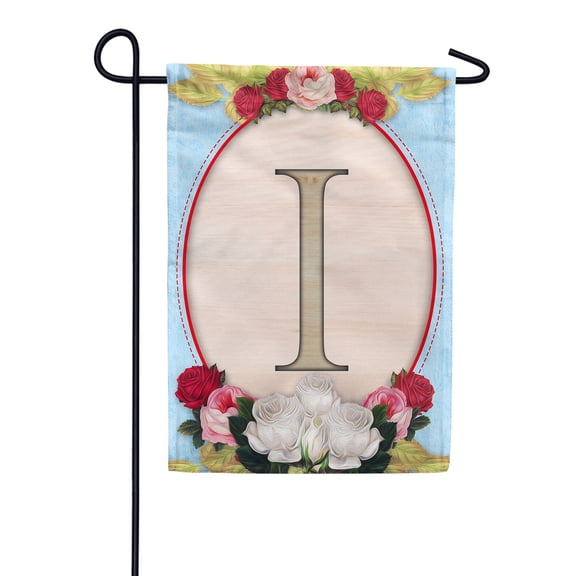 America Forever Spring Monogram Garden Flag Letter I 12.5 x 18 inches Double Sided Vertical Outdoor, Yard, Lawn, Beautiful Floral Design, White, Red, Pink Roses, Summer Flower Garden Flag