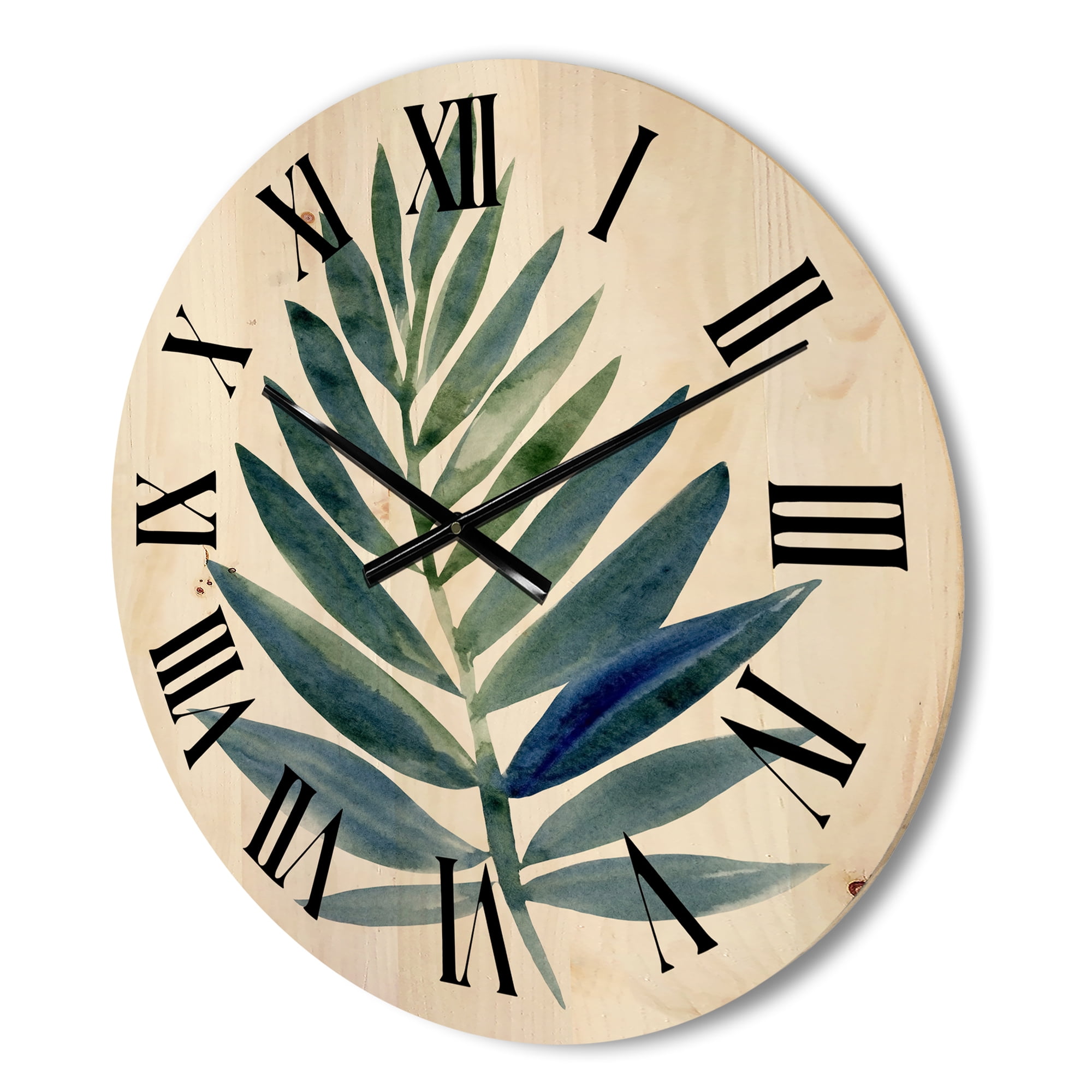 Designart 'Tropical Green Leaf On White' Farmhouse Wood Wall Clock
