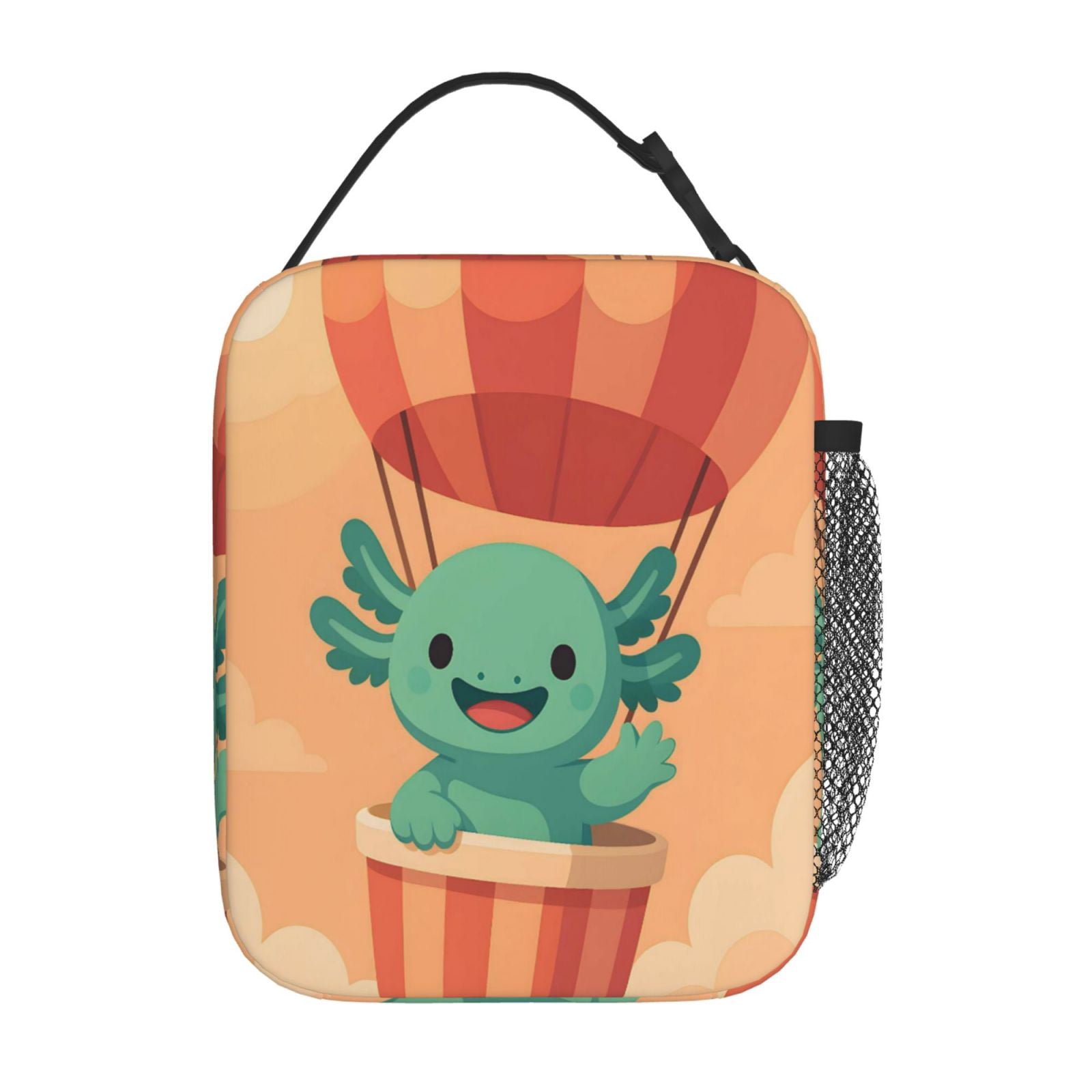 Lunch Bag For Women Men Insulated Portable Lunch Box Bento Box Office Picnic Travel Cooler Bag Axolotl Rides A Hot Air Balloon