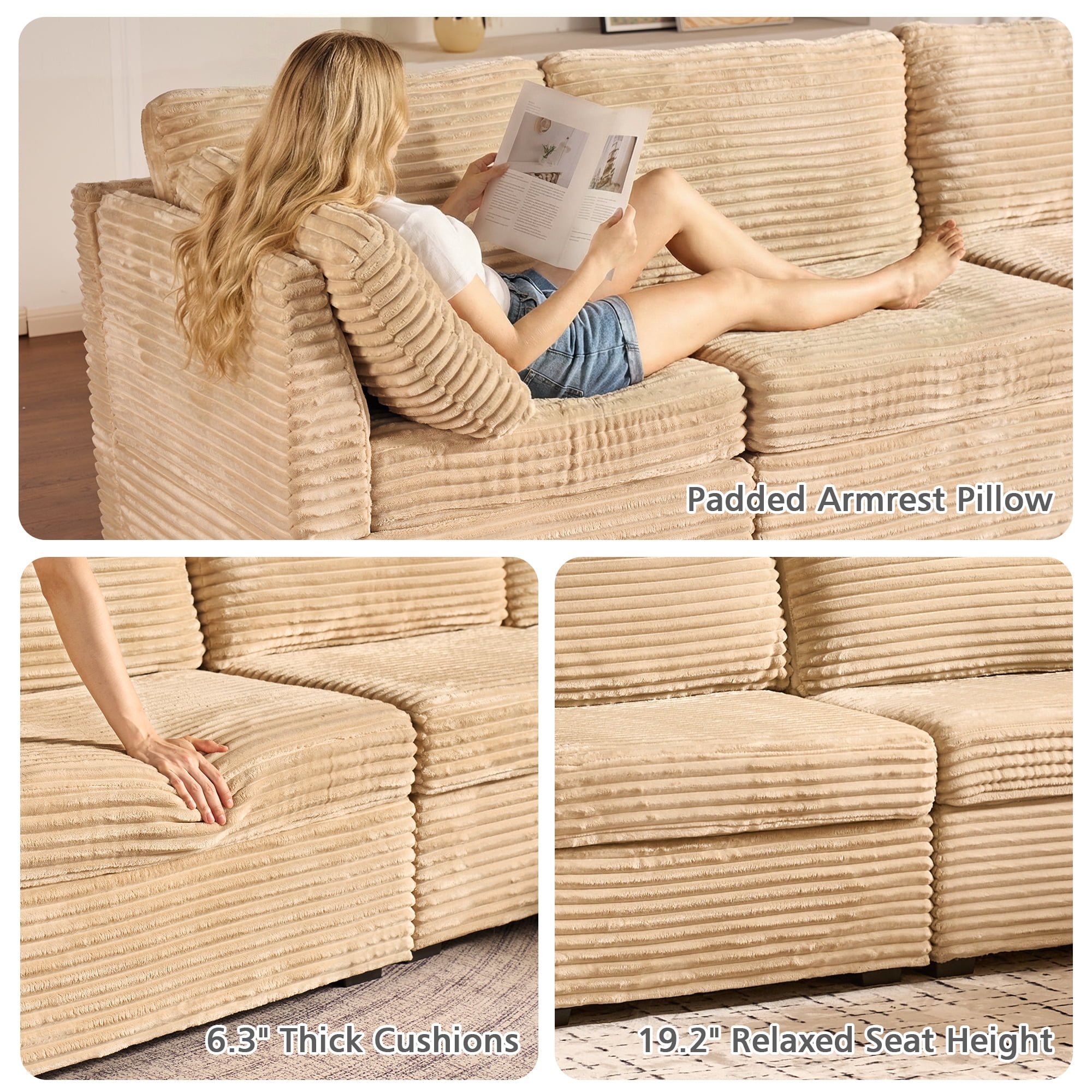 Ovios 95" Modular Sectional Sofa Deep Seat Cloud Couch with Chaise L-Shaped Corduroy Couch for Living Room, 5 Seat, Beige