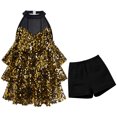 thumbnail image 2 of IBTOM CASTLE Girls Sequin Dance Outfit Sparkly Latin Hip Hop Jazz Dance Outfit Halter Mesh Ruffle Dress Top and Shorts Dancewear Golden, 2 of 7