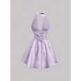 thumbnail image 2 of Purple Halter Neck Bow Tie Mini Dress With Floral Embossed Fabric, 2 of 5
