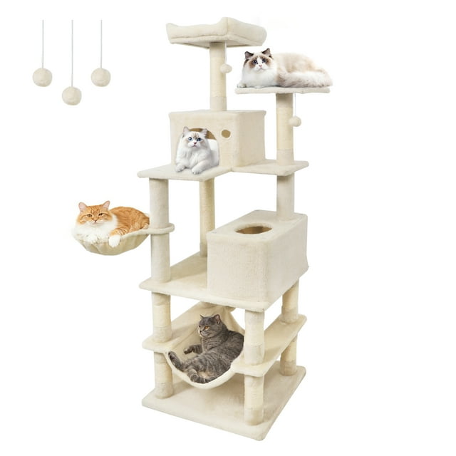 Gymax 66'' Tall Cat Tree w/2 Condos Sisal Scratching Posts Plush Perch Hammock Basket Beige