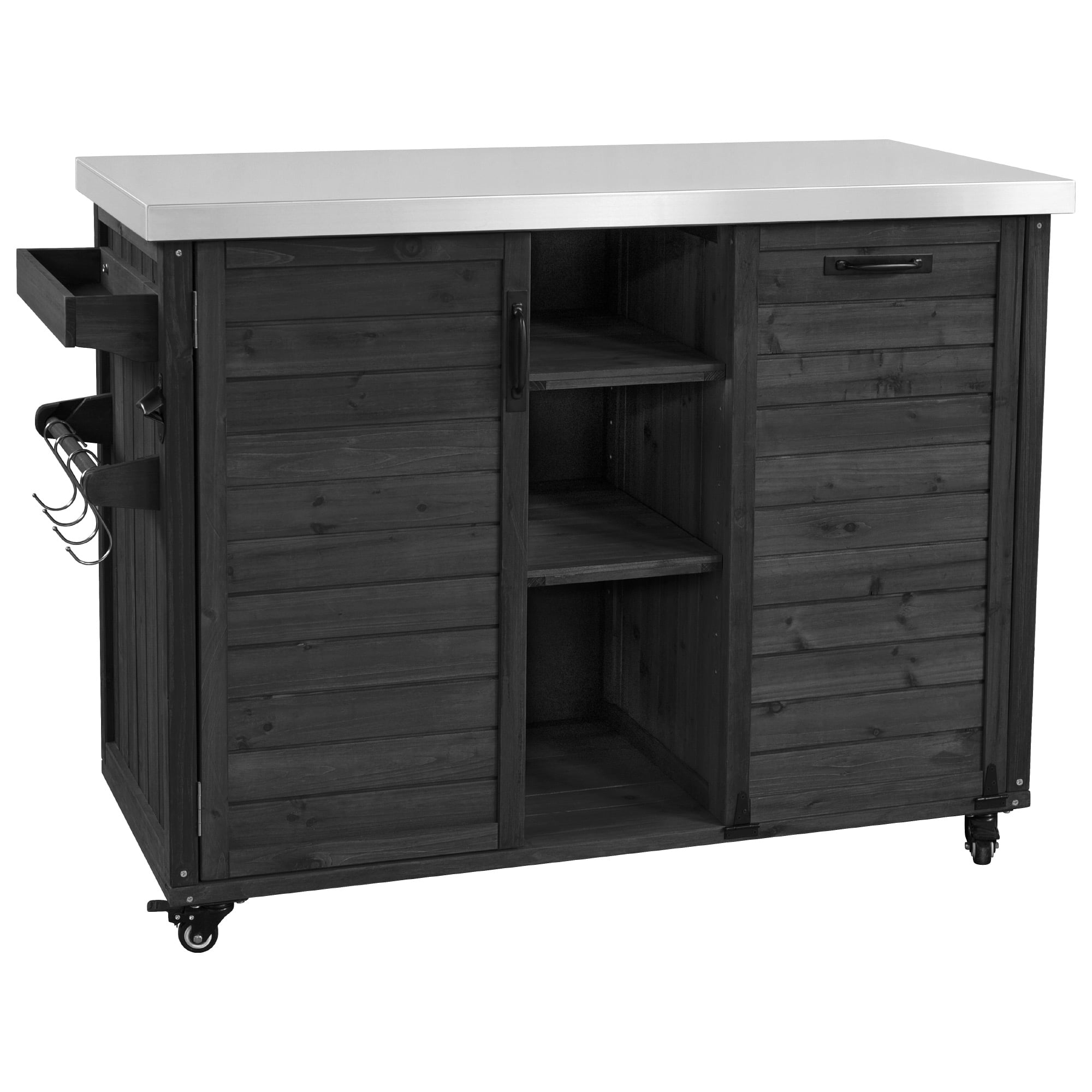 Euroco 78.3" Outdoor Kitchen Island with Foldable Grill Table, Wooden Outdoor Grill Cart with Trash Can Storage & Stainless Steel Top, Outdoor Bar Cart, Pizza Oven Table