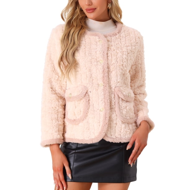 Abrigos de piel sintética INSPIRE CHIC para mujeres, abrigo elegante de invierno de felpa de un solo botón, color rosa, talla S