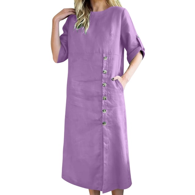 TaTaai Women Solid Cotton Linen Button Dress Long Sleeve Crew Neck Knee Length Casual Dress Ladies Daily Commute Office Wear Lightweight Breathable Stylish Dress Gift