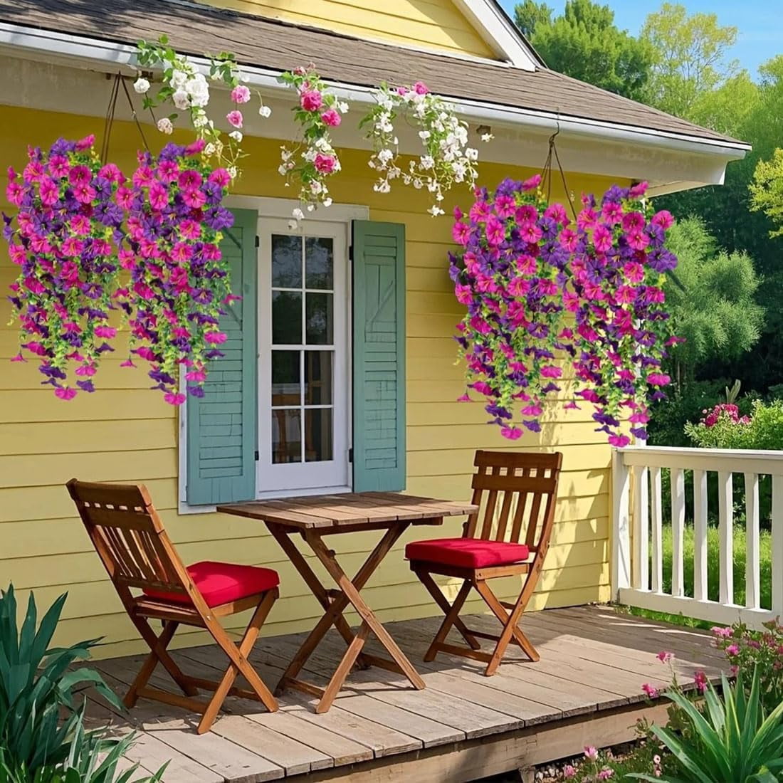 UV Resistant Hanging Artificial Morning Glory Vine, 4-Pack Outdoor Artificial Flowers, Hanging Morning Glory Artificial Flowers for Spring Garden Porches Home Decor (6, Pink)