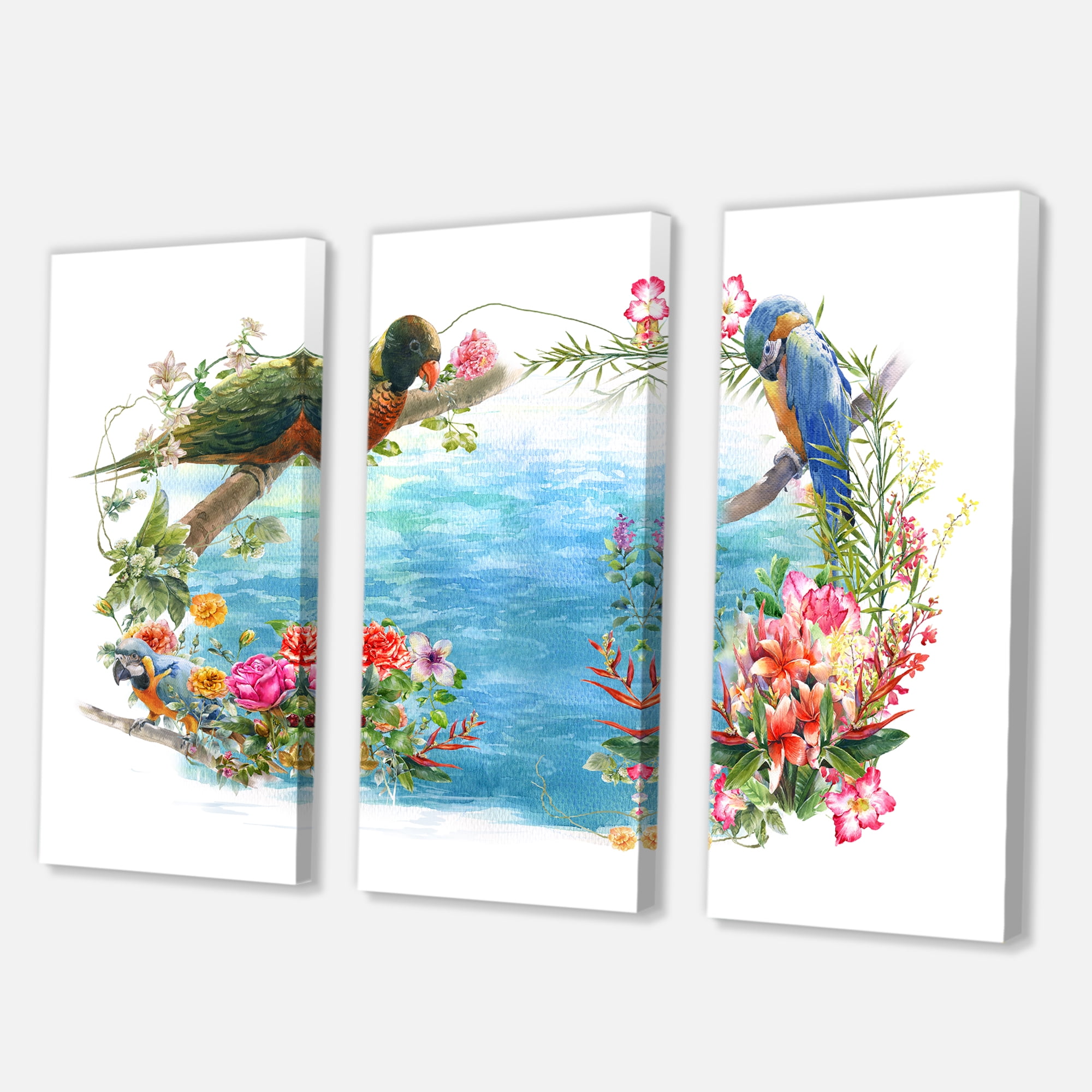 Designart ' Parrots and Flowers By The Blue Waterside ' Traditional Canvas Wall Art Print