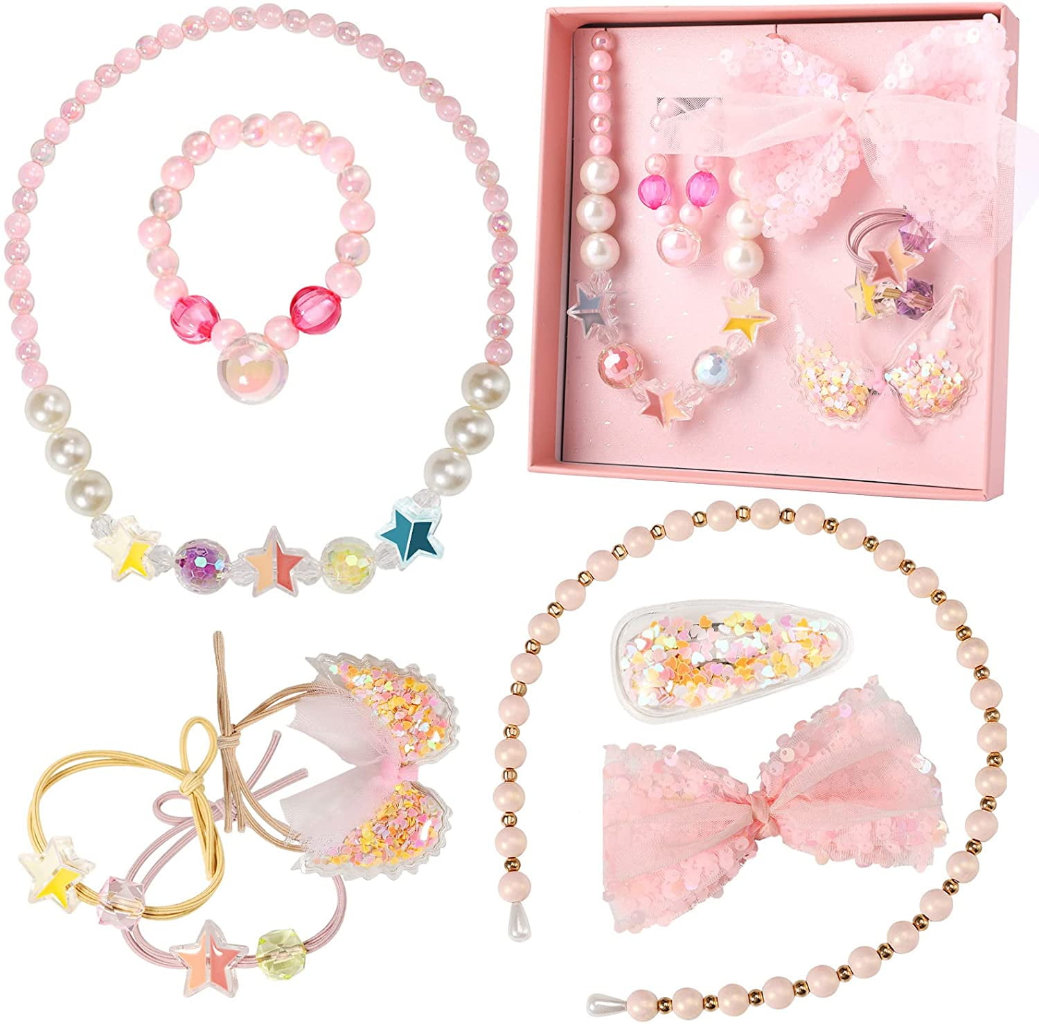 PinkSheep 8Pcs Girls Jewelry Sets, Princess Beads Necklace Bracelet Headbands Hair Clip Hair Ties for Kids Child