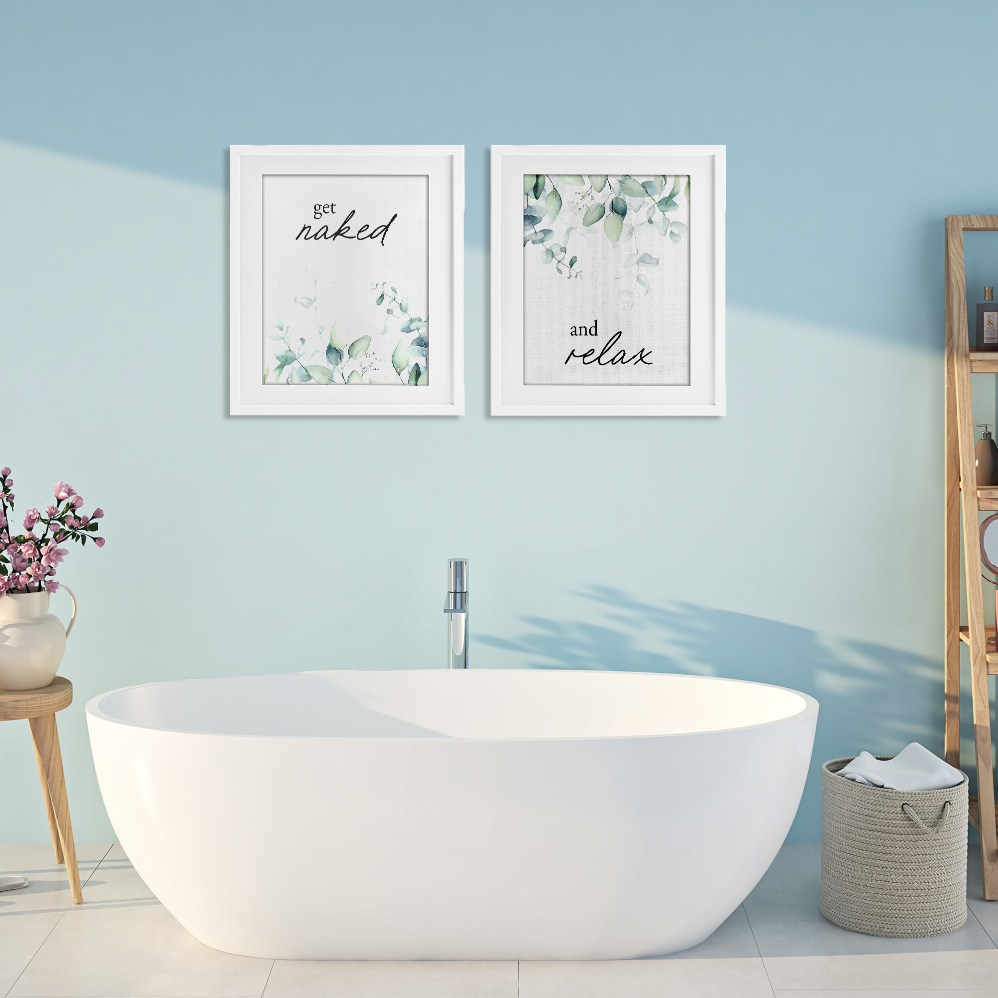 Get Naked & Relax Herbs 2 Piece White Framed Print Under Glass Set, design by Lettered and Lined
