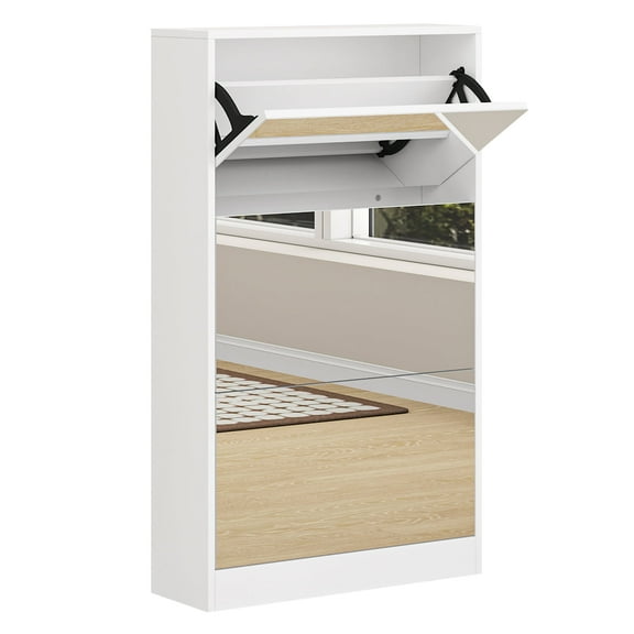 Mirror Shoe Storage Cabinet, Modern Shoe Organizer with 3 Flip Mirror Drawers, Slim Narrow Shoe Rack Cabinet with Storage, Easy Assembly(White)