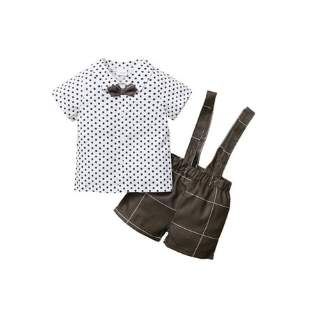 

Suanret Toddler Baby Boy 2pcs Gentleman Set Short Sleeve Button Down Bow Shirt Suspender Shorts Summer Clothes Brown 18-24 Months