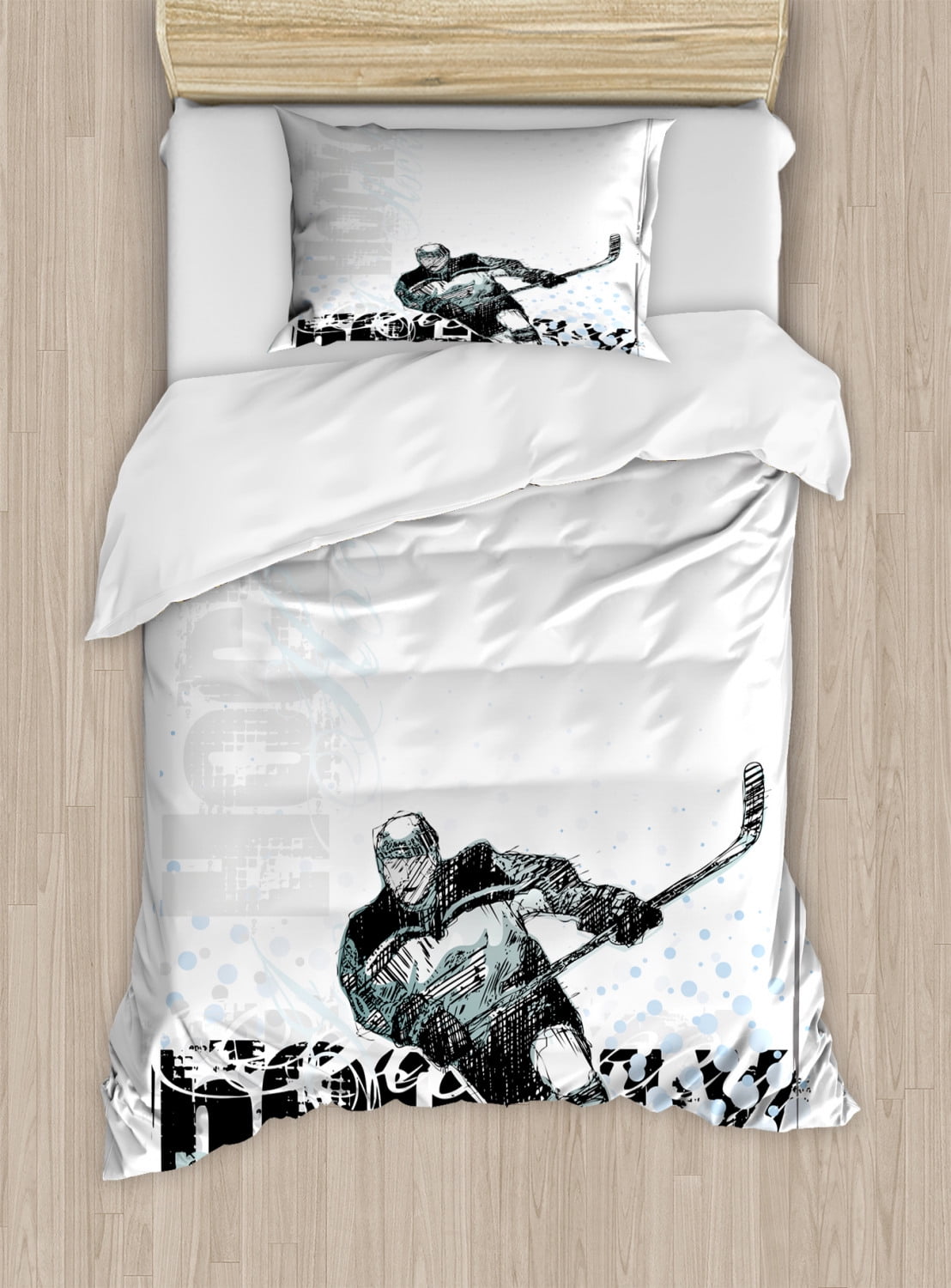 Hockey Duvet Cover Set Twin Size, Professional Goaltender in Sketch Art