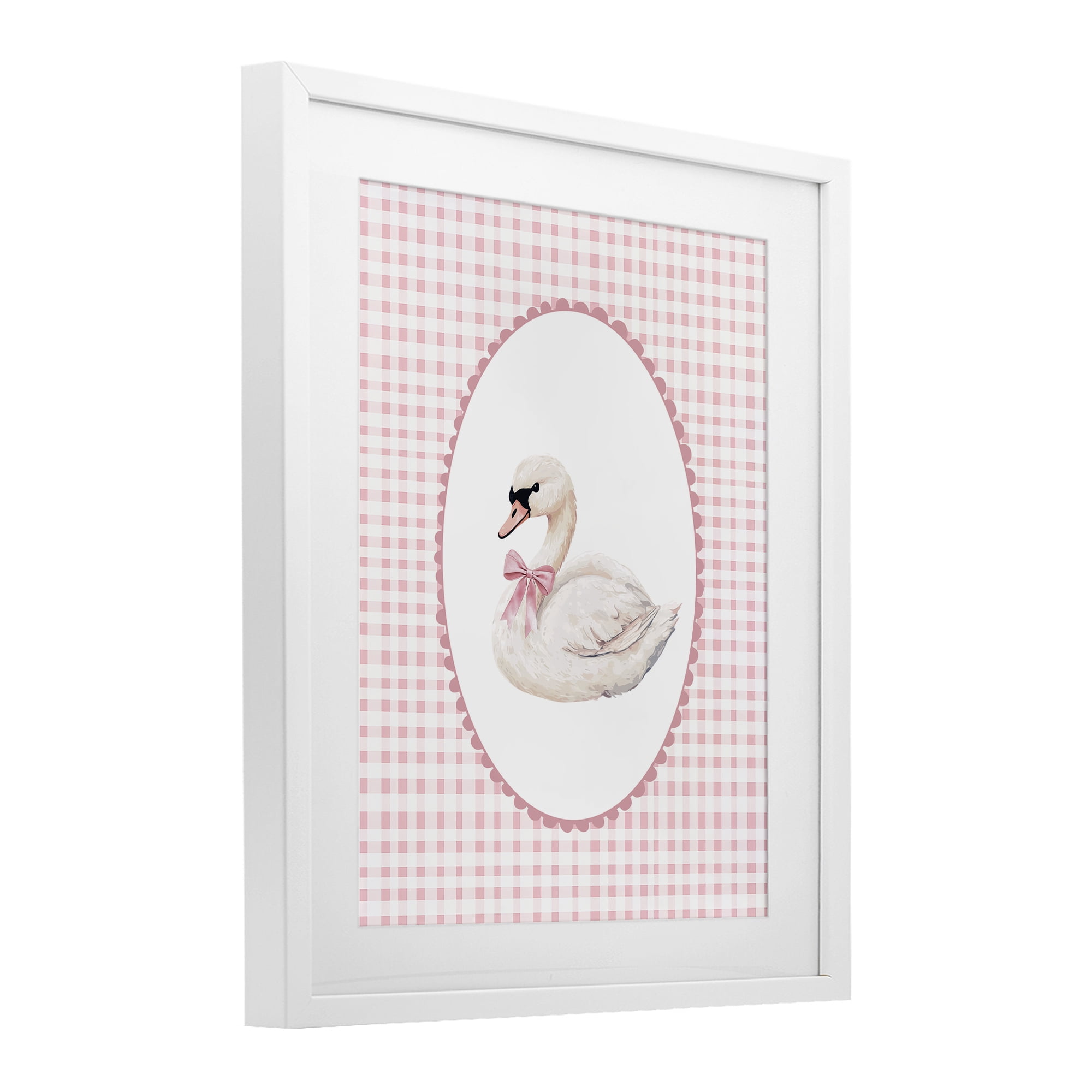 Gentle Swan on Pink Checkered White Framed Print Under Glass, design by Christine Simpson Art