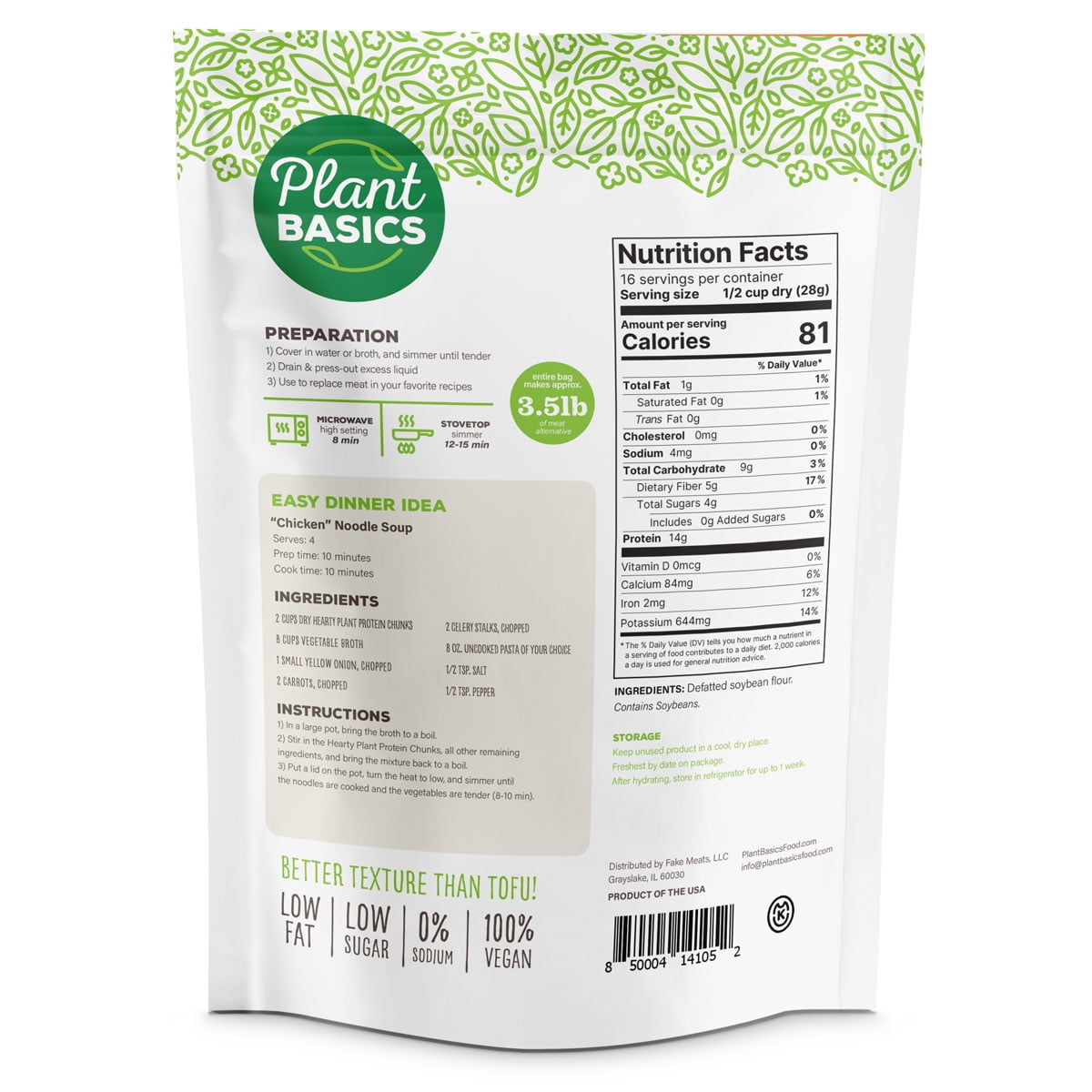 Plant Basics - Hearty Plant Protein - Unflavored Chunks, 1 lb (Pack of 3)