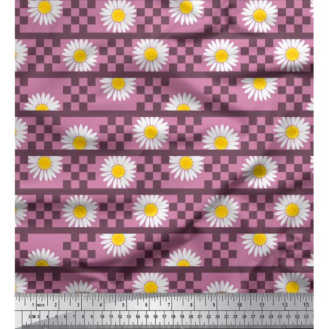 Soimoi polyester Crepe Fabric Stripe,Square & Daisy Floral Print Fabric by the Yard 52 Inch Wide