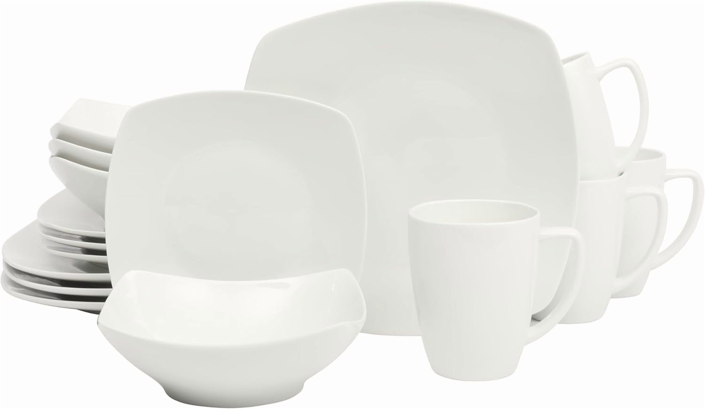 Home Zen Buffet White Porcelain Dinnerware Set for 4 with Square Plates, Bowls, Mugs, Chip and Scratch Resistant, Dishwasher and Microwave Safe, 16 Piece