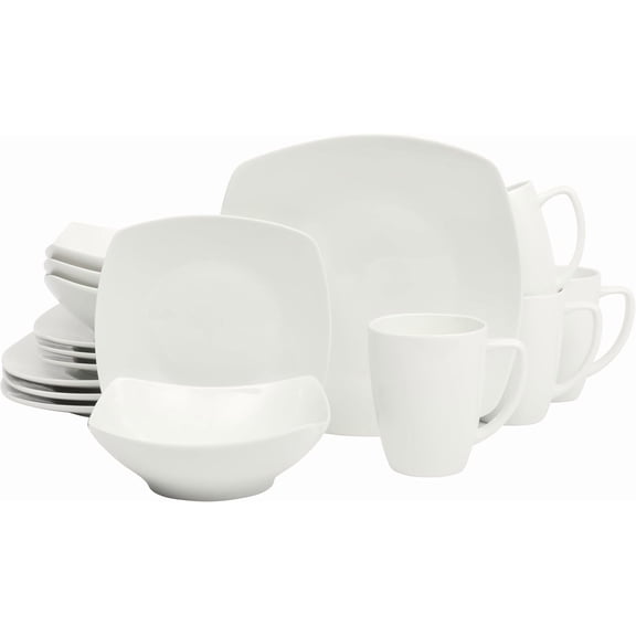 Porcelain Chip and Scratch Resistant Dinnerware Plates, Bowls, and Mugs Set, Service for 4 (16pcs), White (Square Dishes)