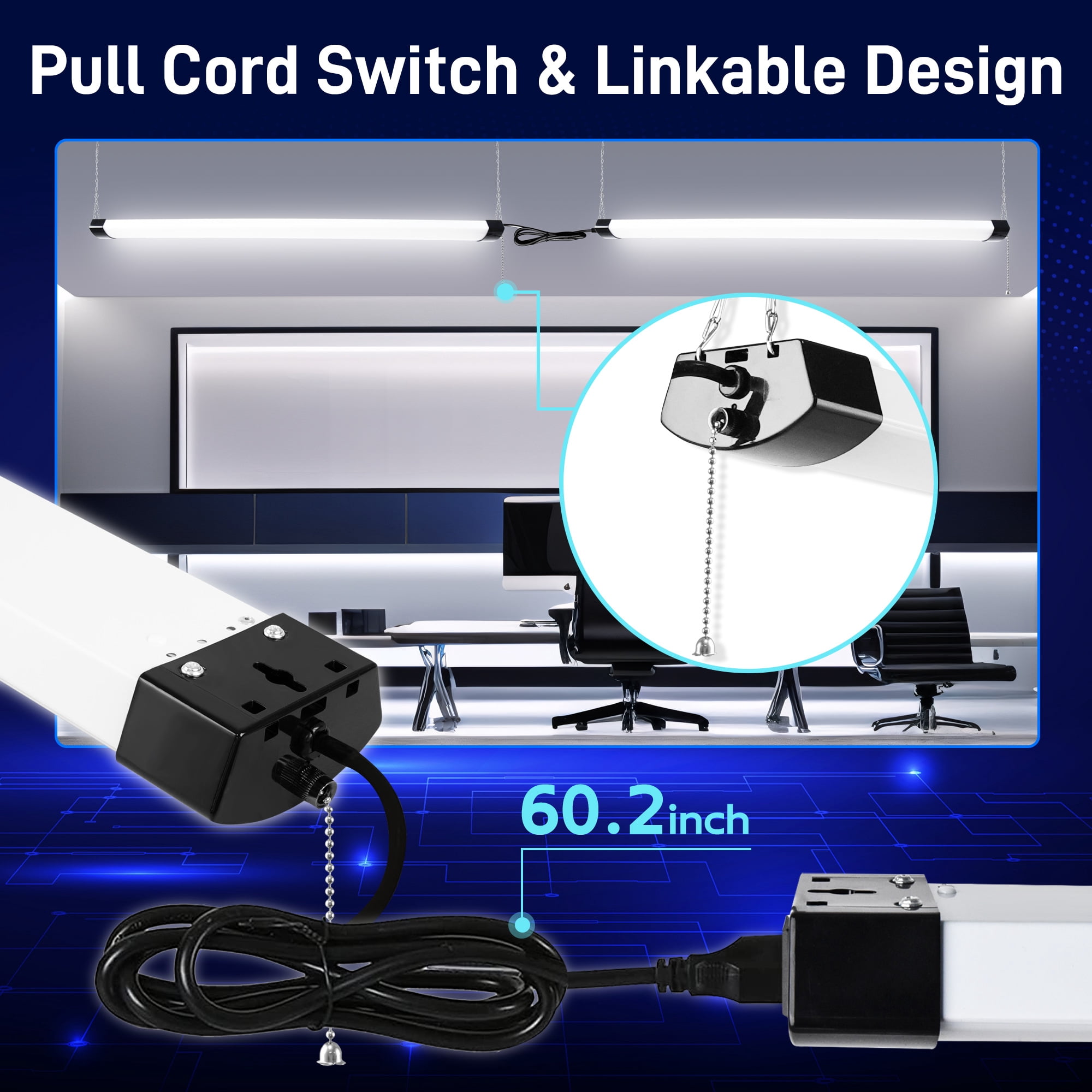 Hlite 4FT LED Shop Light with Pull Chain Switch, 70W 8000LM 5000K, Linkable Hanging Light, ETL Listed for Garage Basement Plant Light(Black)