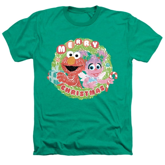 Sesame Street Merry Christmas Elmo And Abby Cadabby Unisex Adult Heather T Shirt, Kelly Green Heather, Large