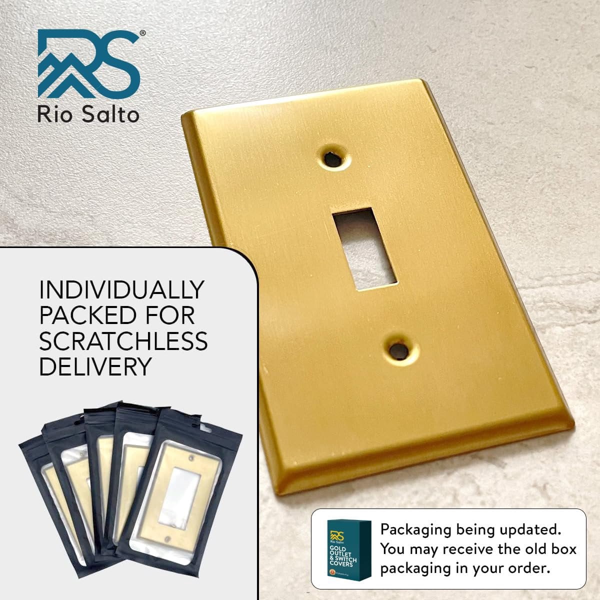 Rio Salto BRASS Signature Collection Metal Toggle Gold Outlet Cover or Light Switch Cover Wall Plate 10-Pack STANDARD SIZE Single Togle Wallplate Covers 1-Gang Brushed Brass Toggle Switch