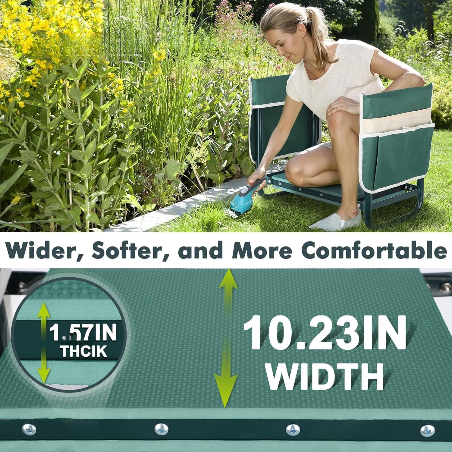 Heavy Duty Gardening Bench Chair with 2 Tool Pouches, Garden Kneeler and Seat, Upgraded Foldable Gardening Stool with 10.23" Wide Kneeling Pad, Gardening Gifts for Seniors Mom Women Men